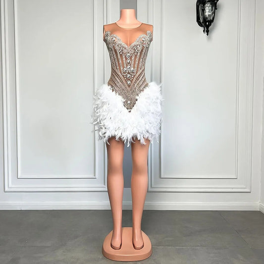 Luxury Feather and Silver Diamond Short Prom Dress