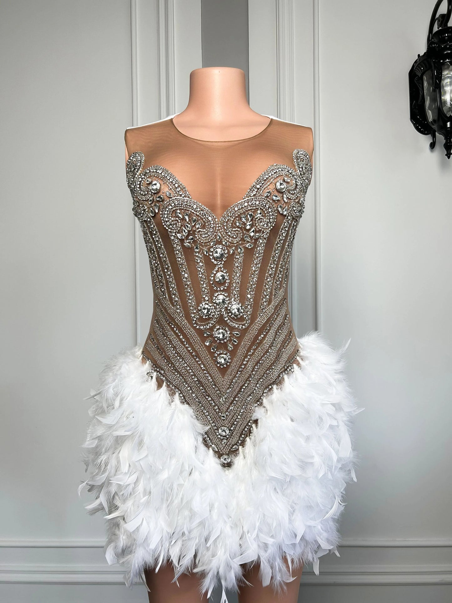 Luxury Feather and Silver Diamond Short Prom Dress