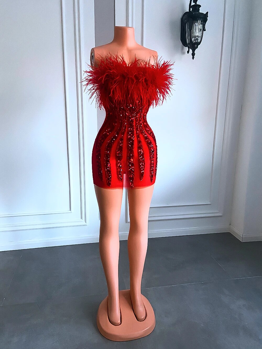 Beaded Cocktail Prom Dress with Red Feather Accents