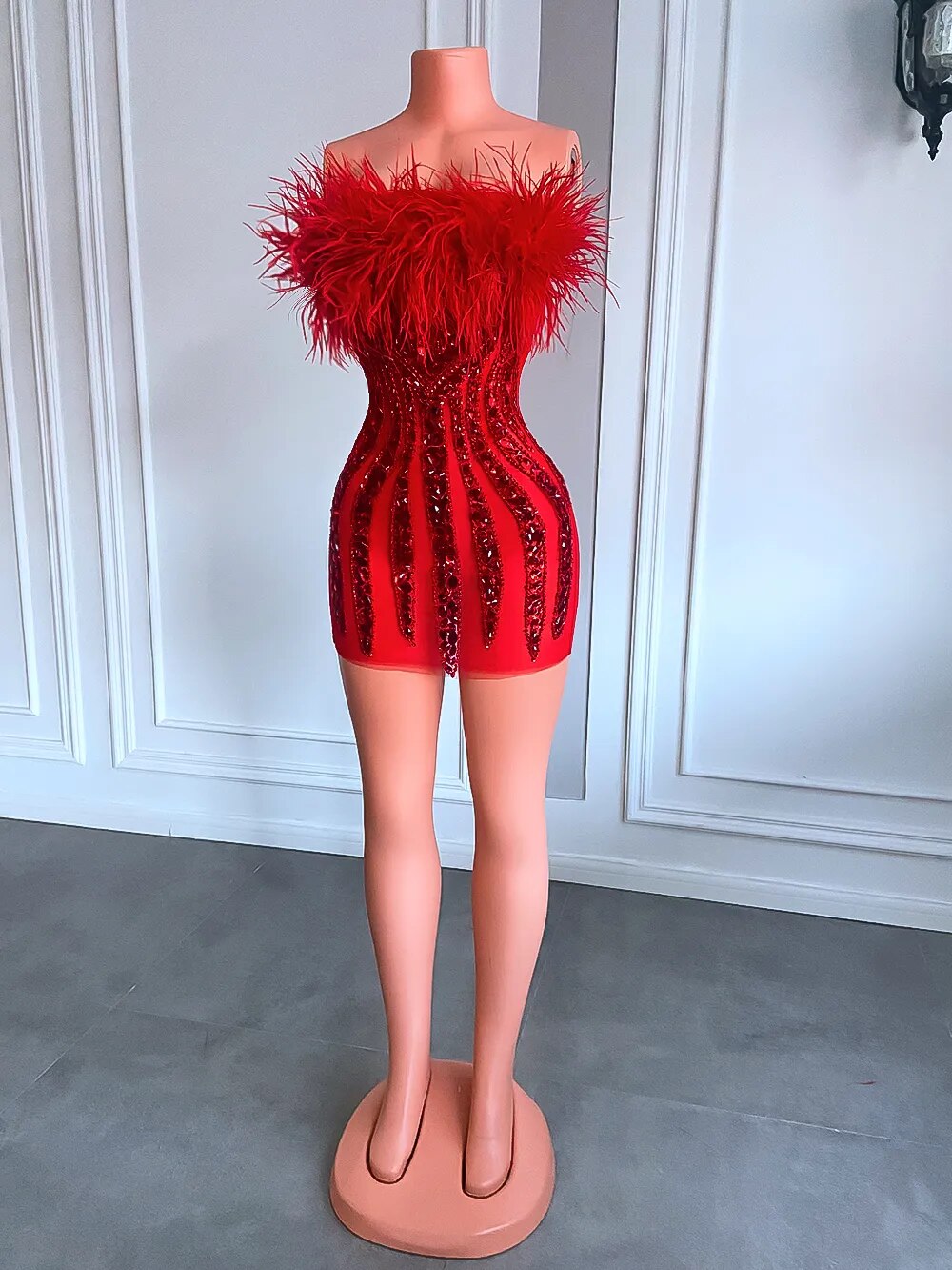 Beaded Cocktail Prom Dress with Red Feather Accents