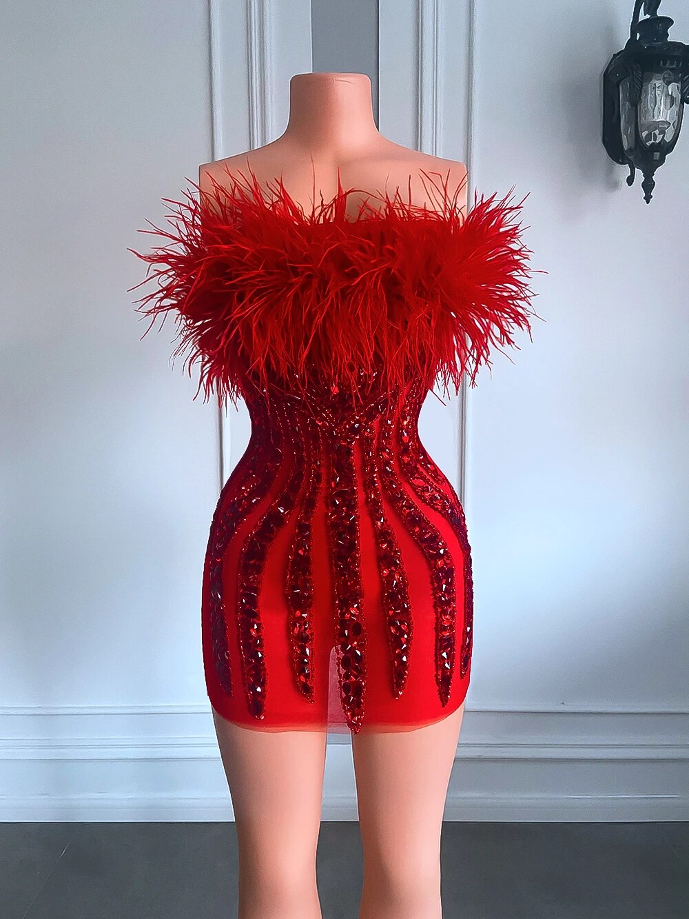 Beaded Cocktail Prom Dress with Red Feather Accents