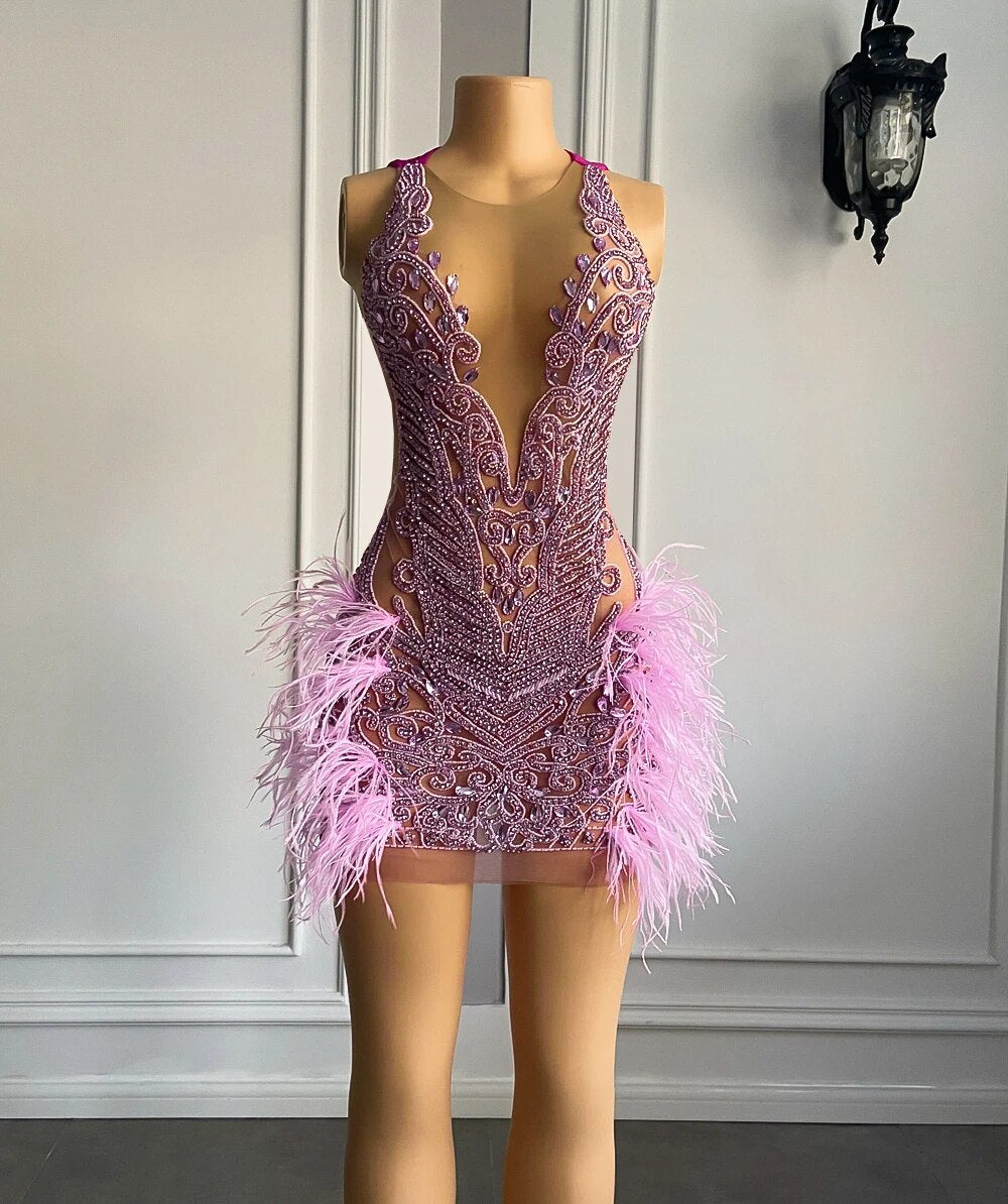 Elegant Pink Feathered Short Prom Dress