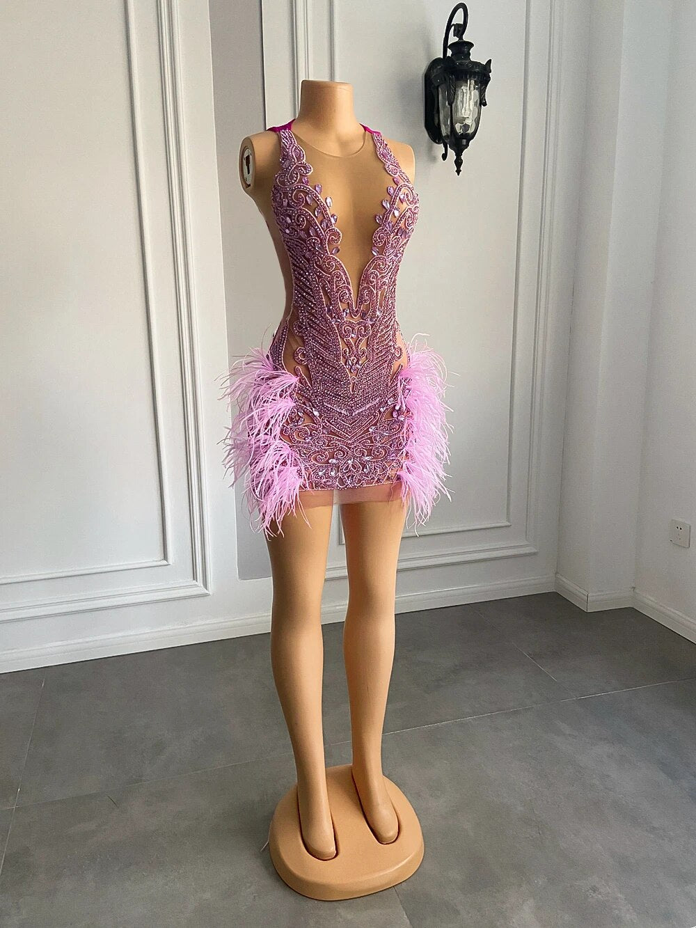 Elegant Pink Feathered Short Prom Dress