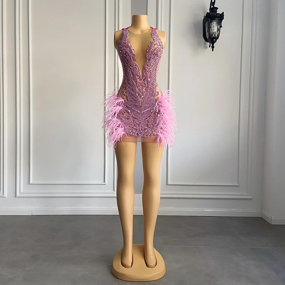 Elegant Pink Feathered Short Prom Dress