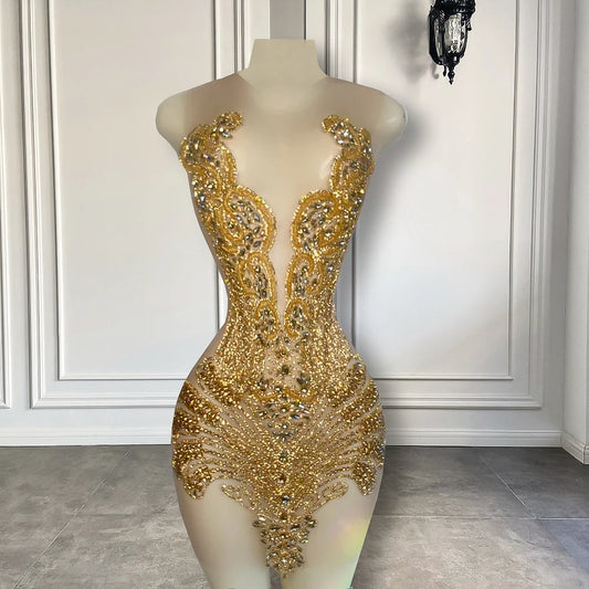 Golden Diamond Crystal Sheer Mini Prom Dress