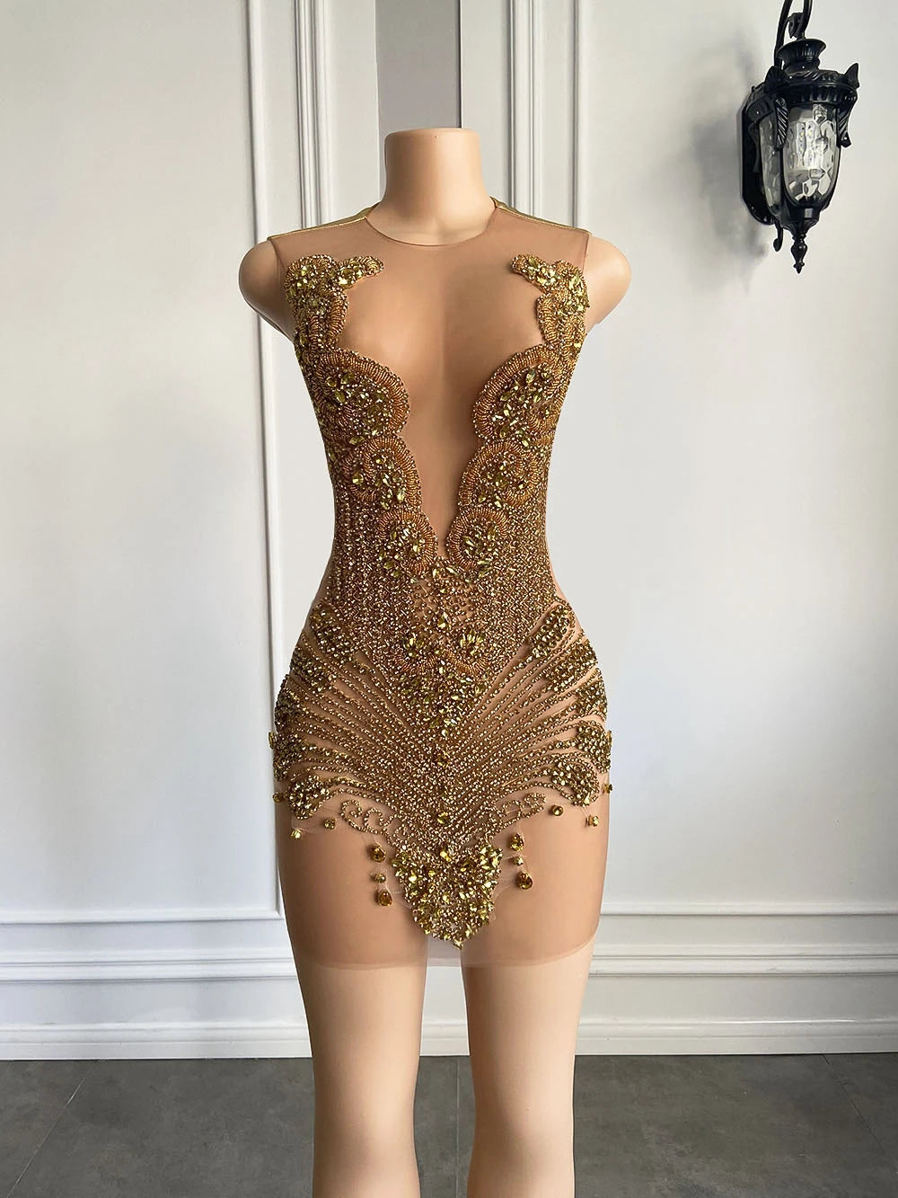 Golden Diamond Crystal Sheer Mini Prom Dress