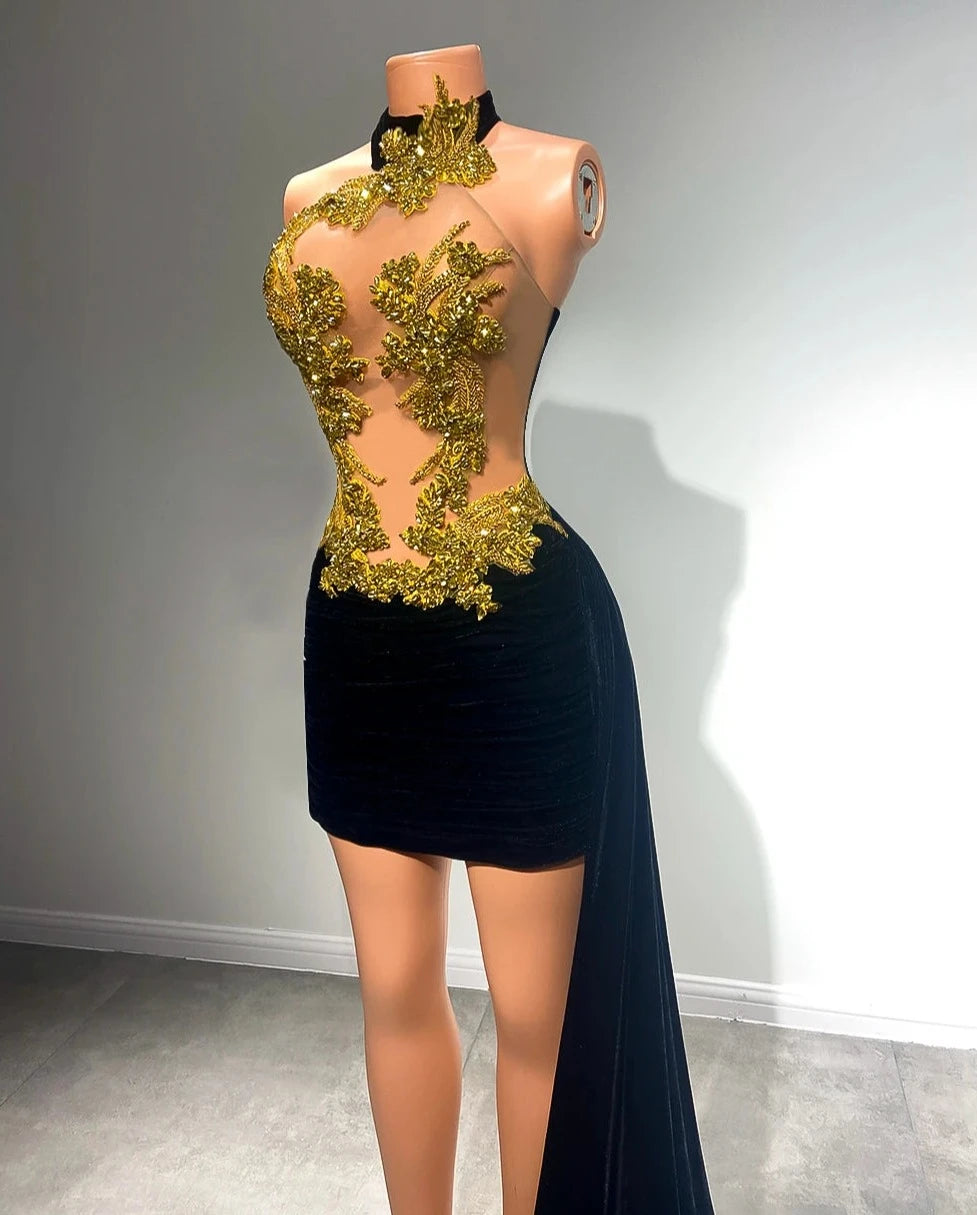 Luxury Gold Crystal-Embellished Black Velvet Mini Dress
