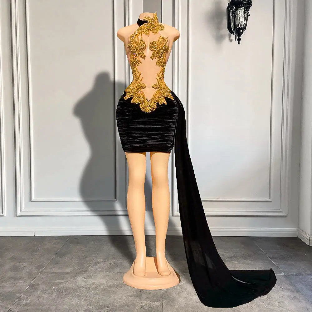 Luxury Gold Crystal-Embellished Black Velvet Mini Dress
