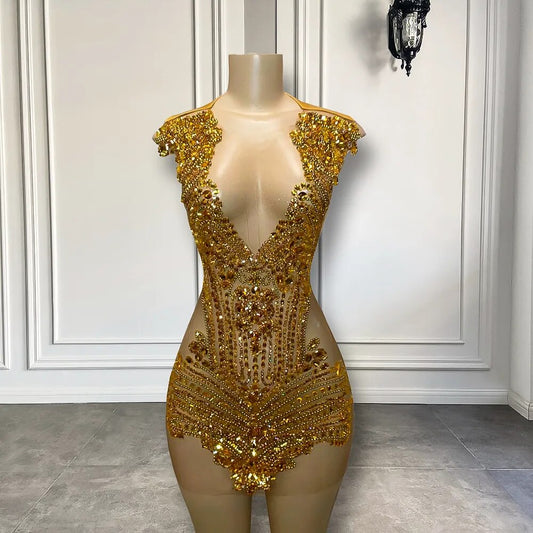 Luxury Gold  Mini Prom Dress Sparkly Sheer Cocktail Gown