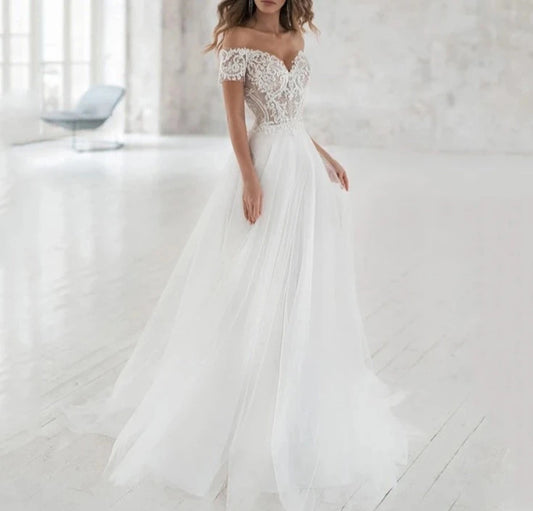 Elegant Lace Off The Shoulder A-Line Wedding Gown