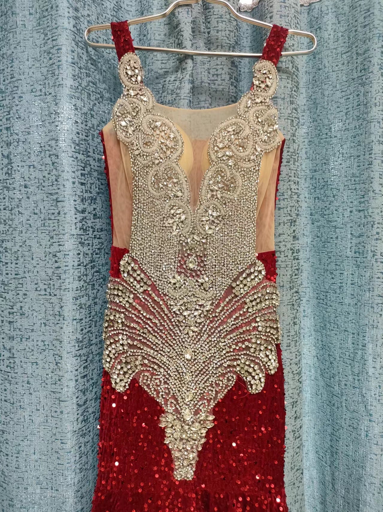 Mermaid Style Luxury Sparkly Silver Crystals Red Sequin Gowns