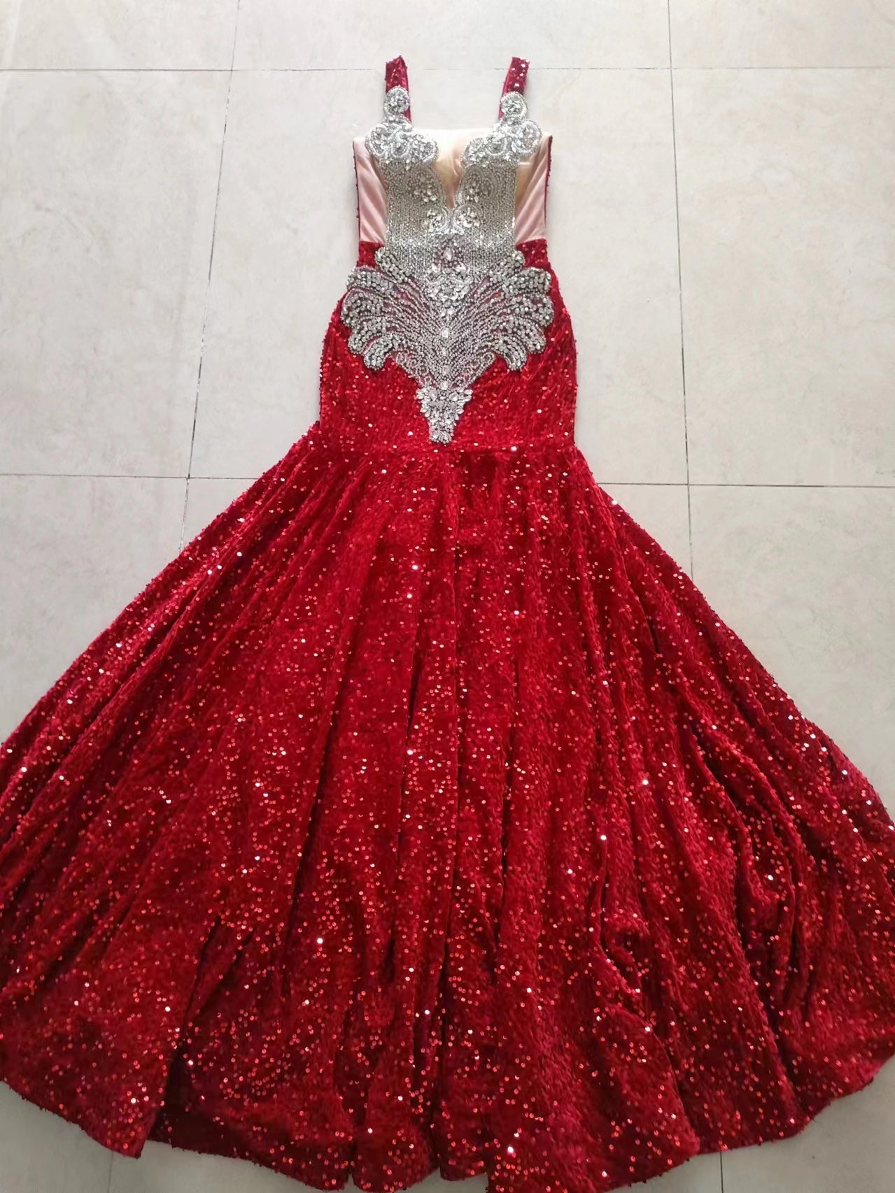 Mermaid Style Luxury Sparkly Silver Crystals Red Sequin Gowns