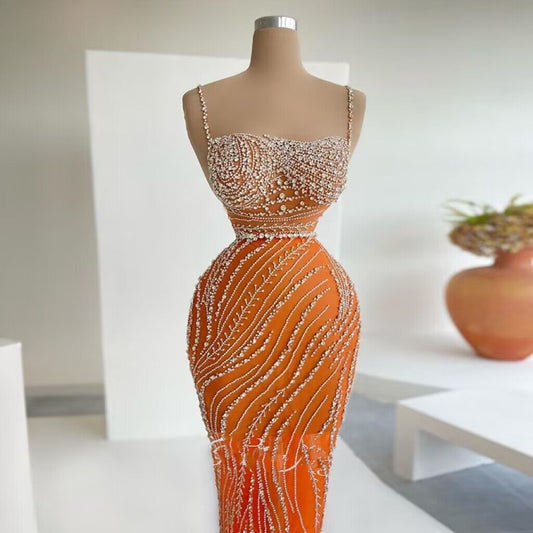 Orange Rhinestone Luxury Prom Dresses for Girls Sexy