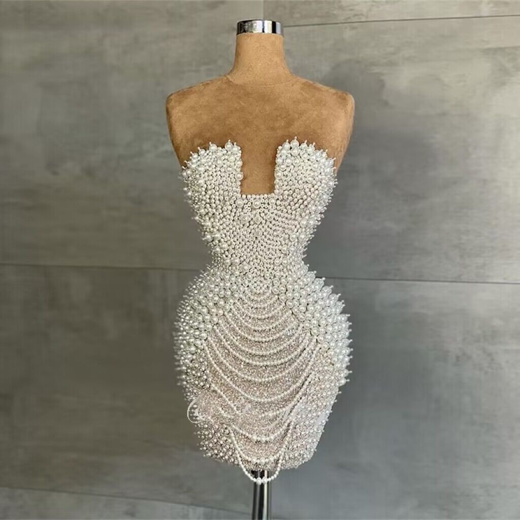 Full Pearls Luxury Short Prom Dresses Sexy Mini Cocktail