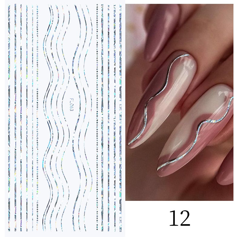 3D Lines Nail Stickers Metal Stripe Letters Decals Curve