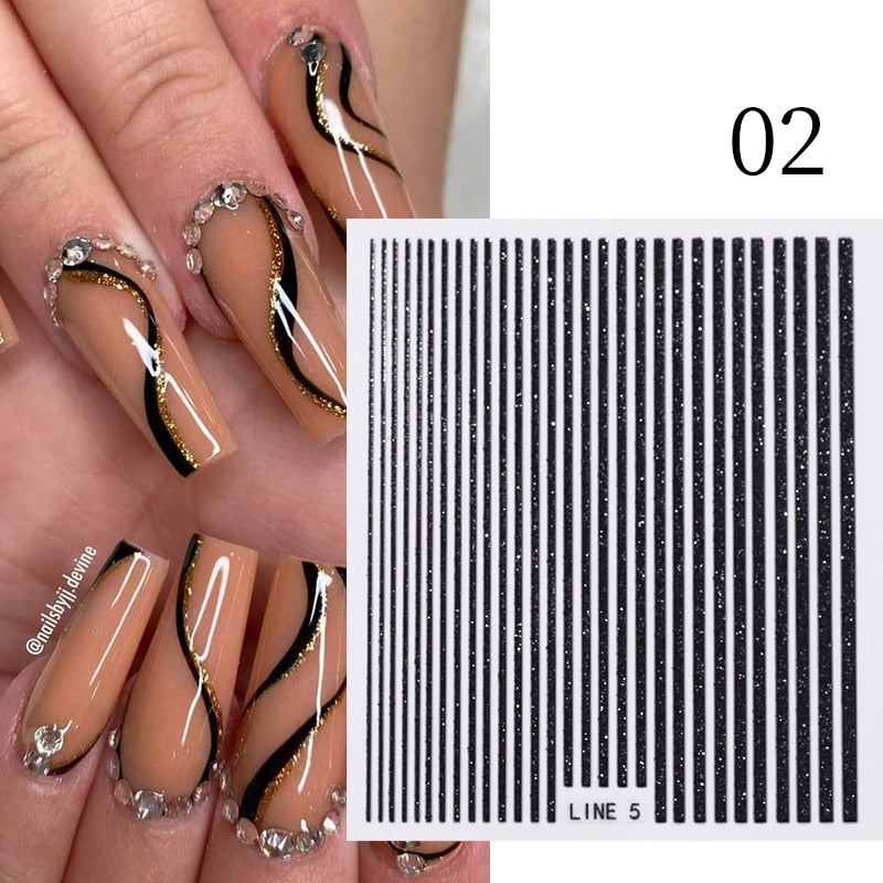 3D Lines Nail Stickers Metal Stripe Letters Decals Curve