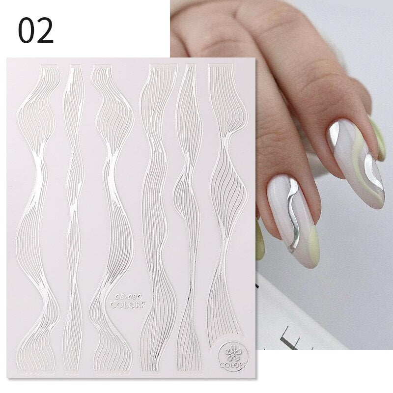 3D Lines Nail Stickers Metal Stripe Letters Decals Curve