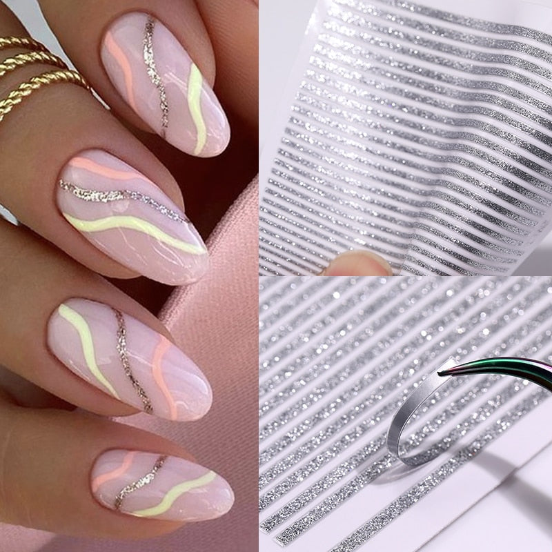 3D Lines Nail Stickers Metal Stripe Letters Decals Curve