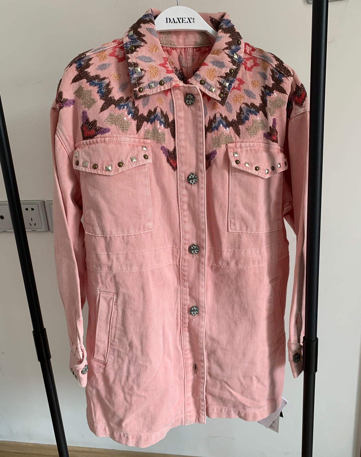Spring Chic Style Sweet Embroidered Waistband Pink Denim Jacket