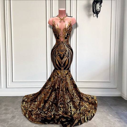 Black and Gold Sequin Prom Dresses Mermaid Style Gowns