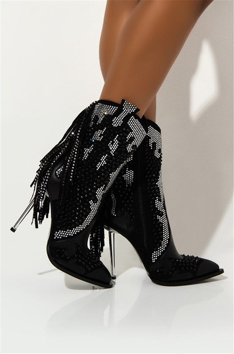 Black Crystal Fringe Ankle Women Boots Metal High Heel