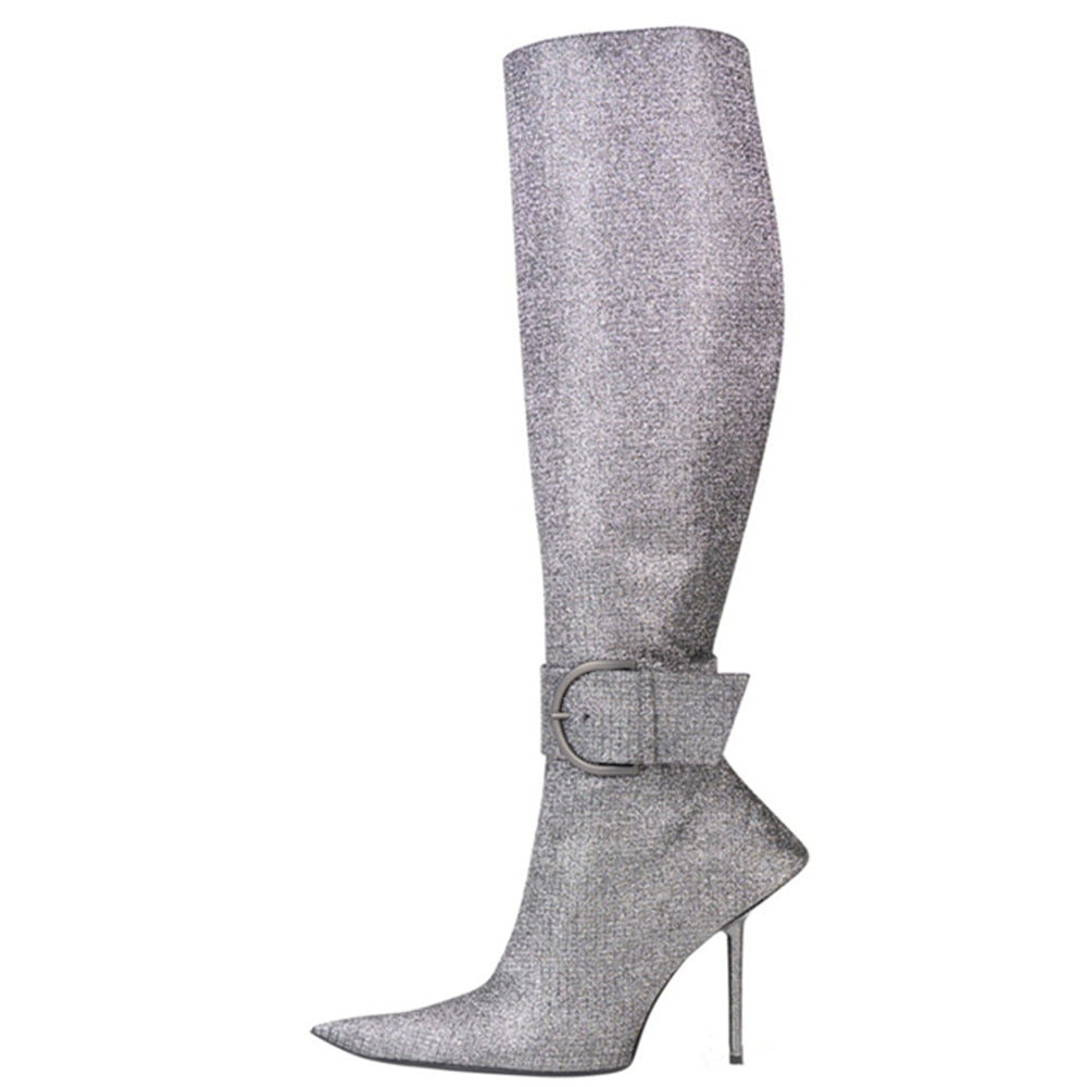 Women Knee Stilettos Sexy Boots Big Buckle Strap