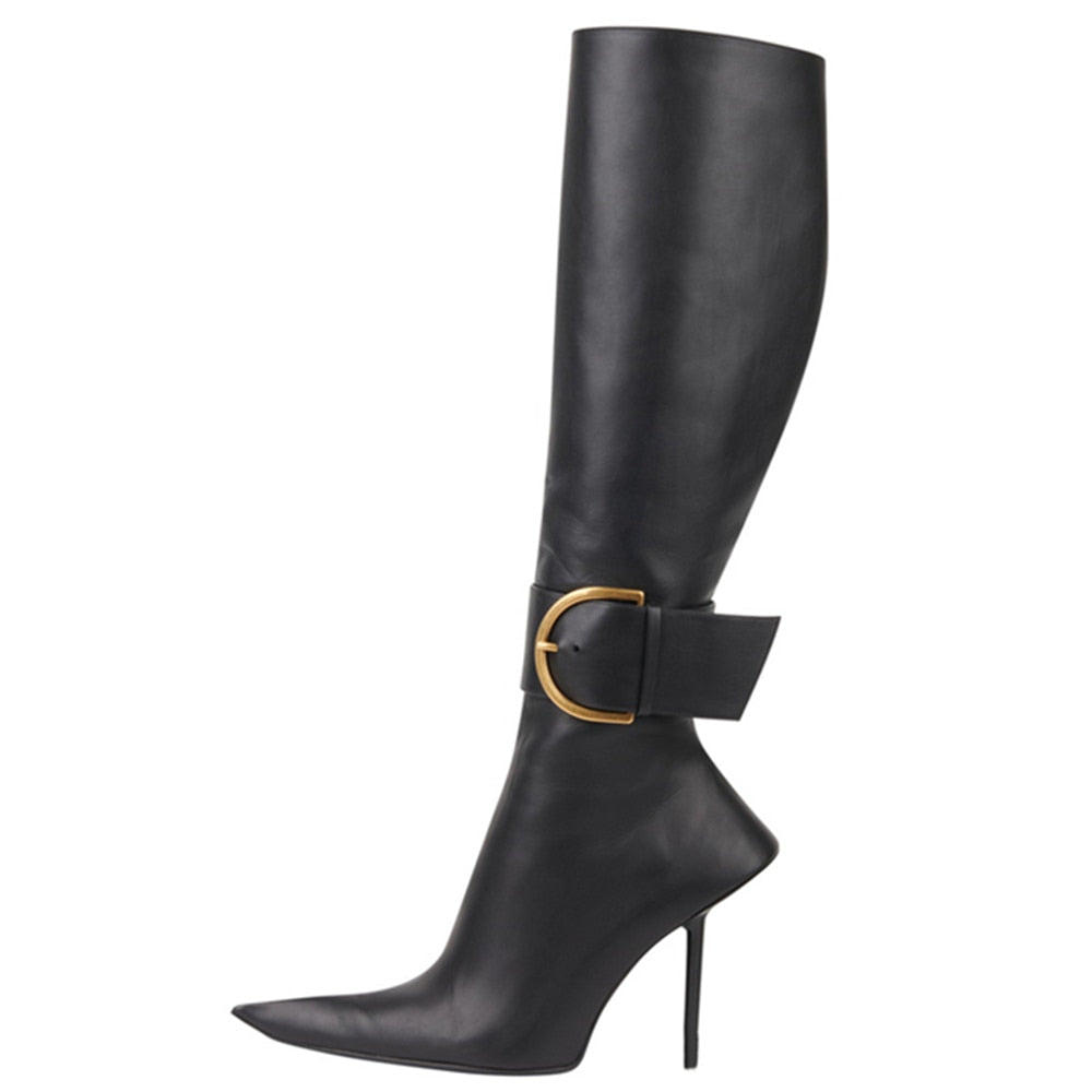 Women Knee Stilettos Sexy Boots Big Buckle Strap