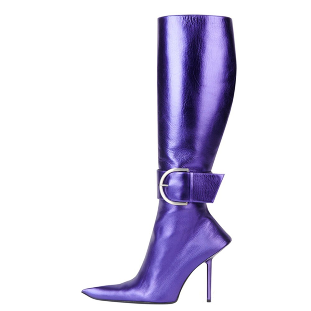 Women Knee Stilettos Sexy Boots Big Buckle Strap