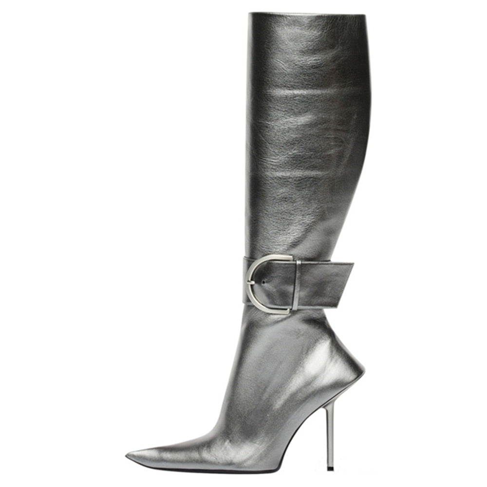 Women Knee Stilettos Sexy Boots Big Buckle Strap