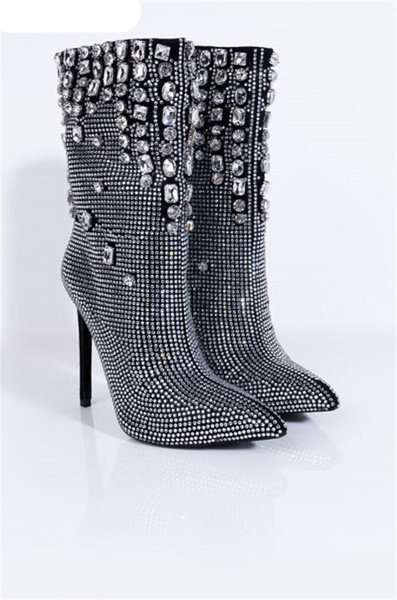 Women Bling Bling Rhinestone Ankle Boots Crystal Stiletto