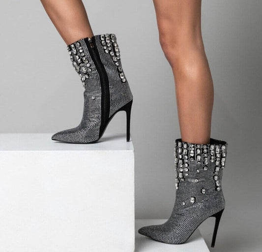 Women Bling Bling Rhinestone Ankle Boots Crystal Stiletto