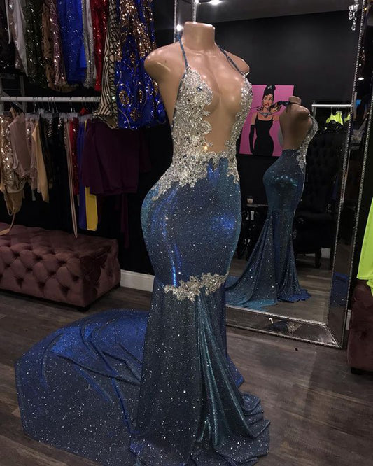 Sexy Prom Dresses 2022 Beaded Lace Sparkly Navy Blue