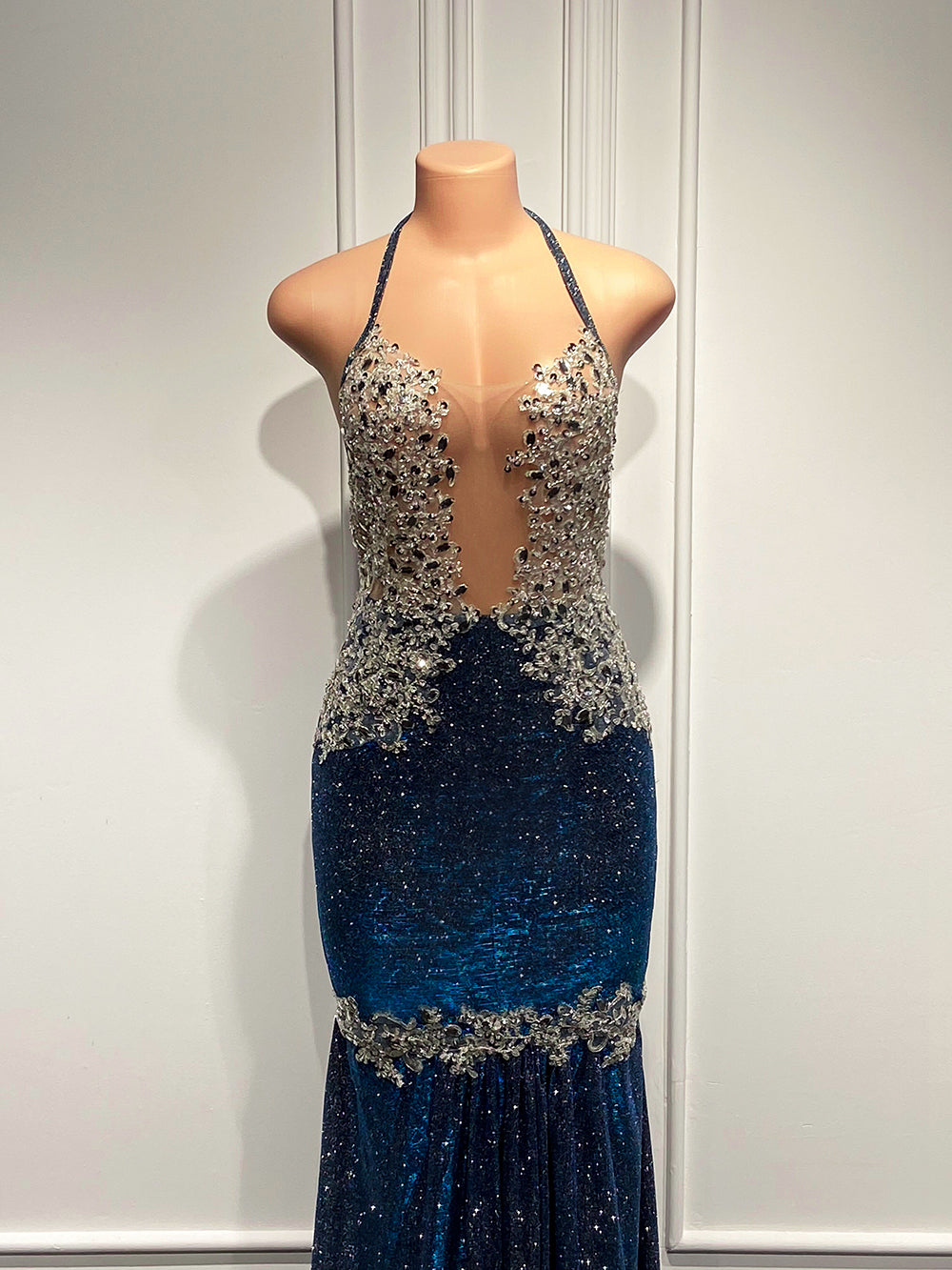 Sexy Prom Dresses 2022 Beaded Lace Sparkly Navy Blue