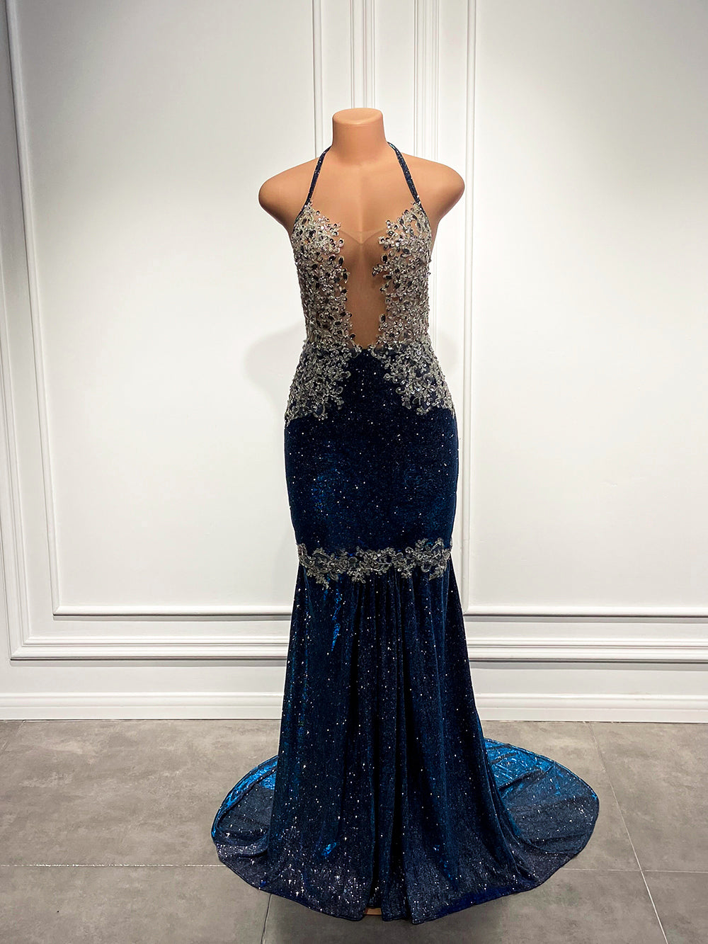 Sexy Prom Dresses 2022 Beaded Lace Sparkly Navy Blue