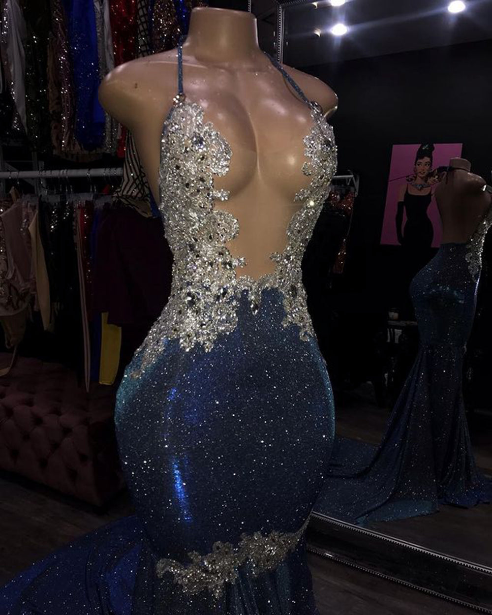 Sexy Prom Dresses 2022 Beaded Lace Sparkly Navy Blue