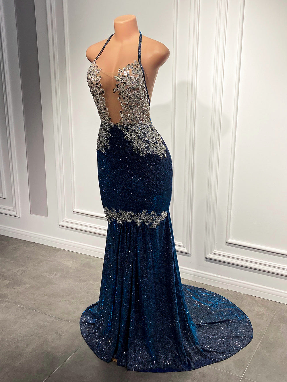 Sexy Prom Dresses 2022 Beaded Lace Sparkly Navy Blue