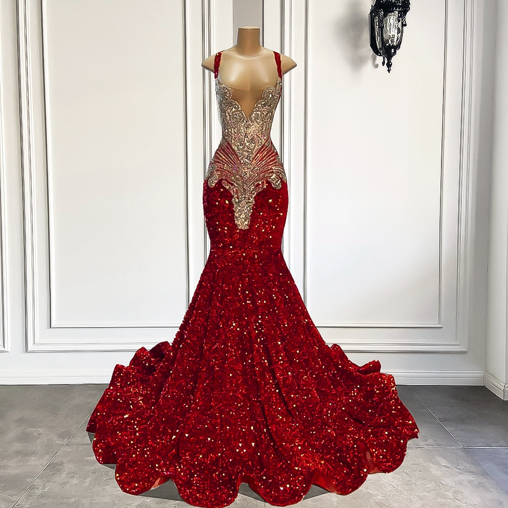 Mermaid Style Luxury Sparkly Silver Crystals Red Sequin Gowns