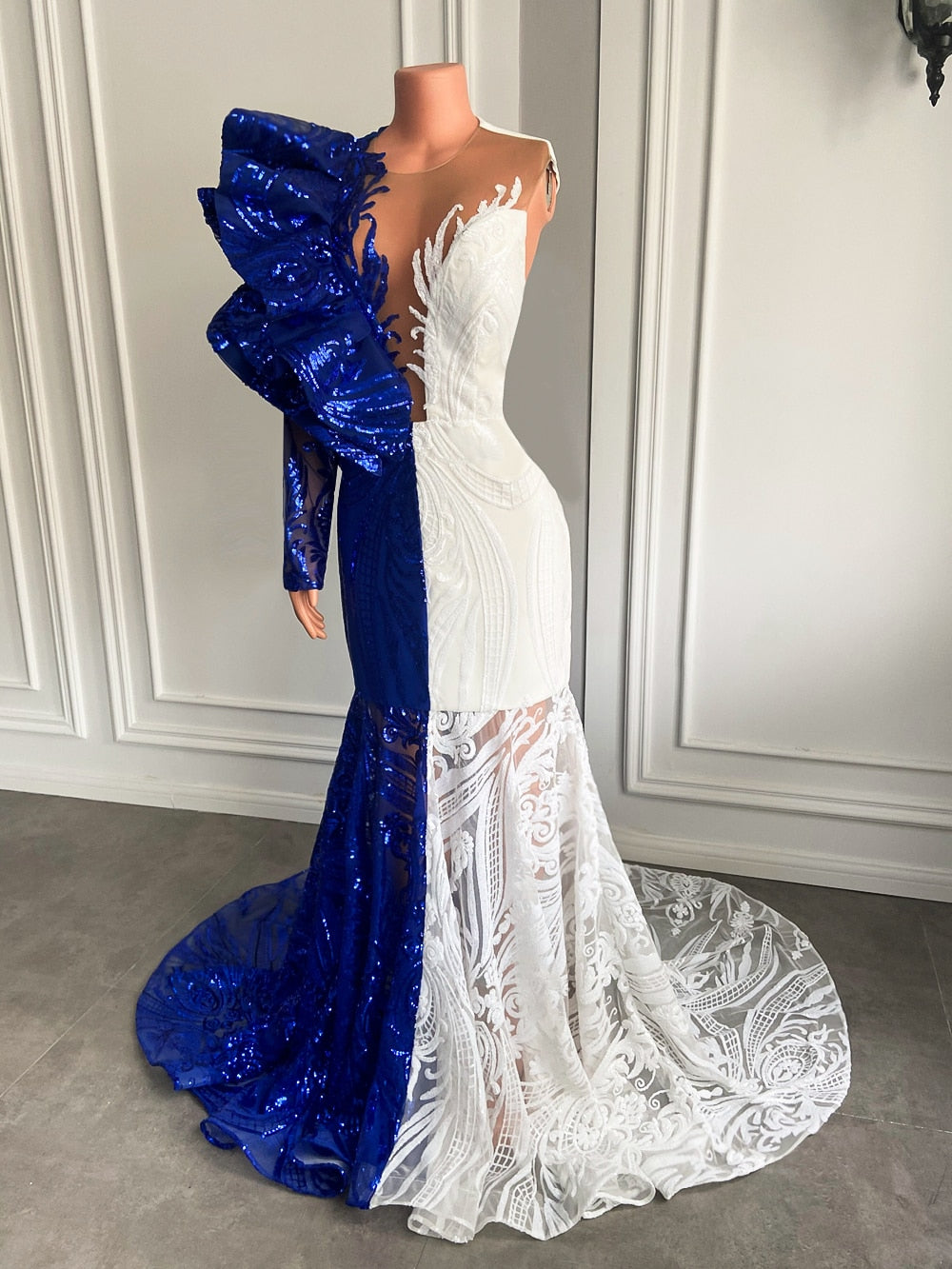 Long Prom Dresses Mermaid Blue And White Mix Color