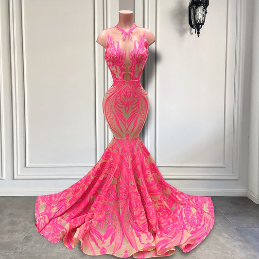 Pink Long Prom Dresses Sexy Sheer O-neck Party Gowns