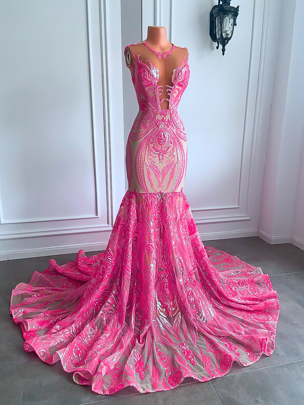 Pink Long Prom Dresses Sexy Sheer O-neck Party Gowns
