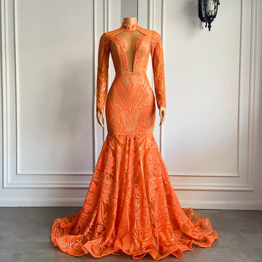 Prom Dresses 2022 High Neck Orange Sequin Gowns