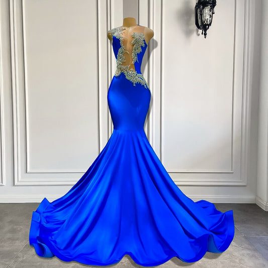 Sparkly Silver Embroidery Gowns Royal Blue Prom