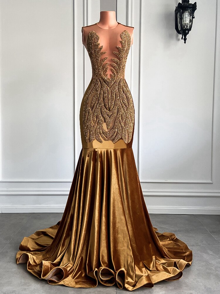 Long Gold Prom Dresses 2023 Diamond Velvet Gowns