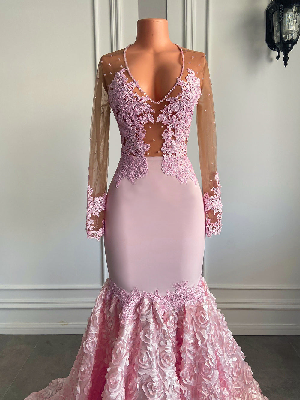 Long Pink Prom Dresses 2022 V-neck 3D Flowers Gown