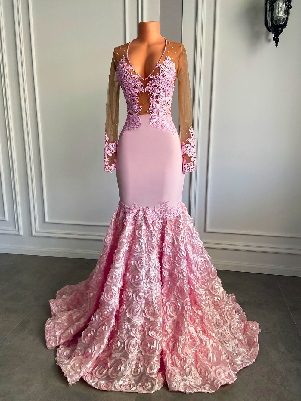 Long Pink Prom Dresses 2022 V-neck 3D Flowers Gown