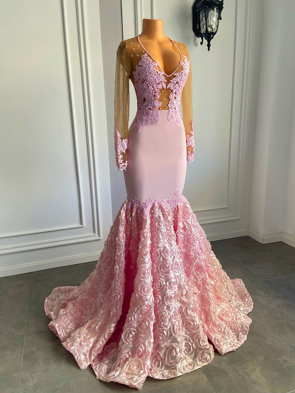 Long Pink Prom Dresses 2022 V-neck 3D Flowers Gown