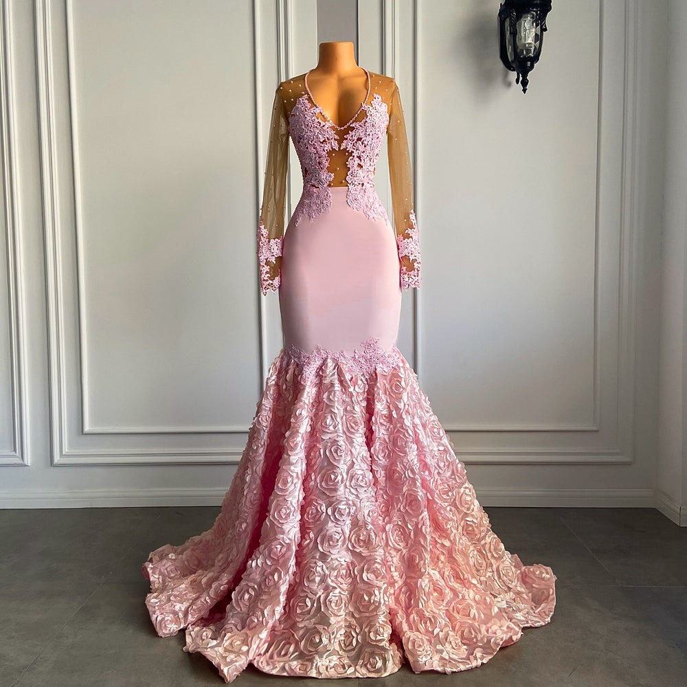 Long Pink Prom Dresses 2022 V-neck 3D Flowers Gown