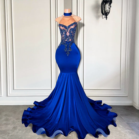 Elegant High Neck Beaded Embroidery Royal Blue Gowns