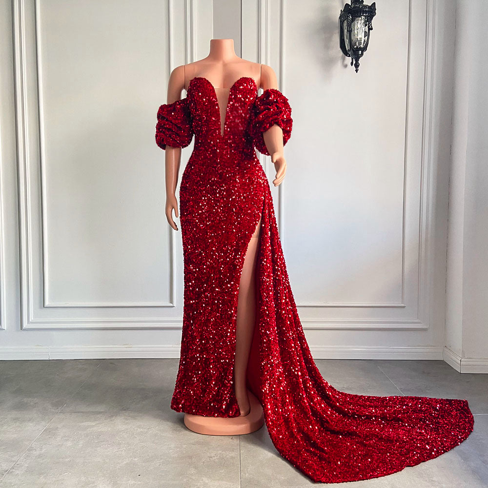 Long Red Prom Dresses 2022 Off The Shoulder High Slit