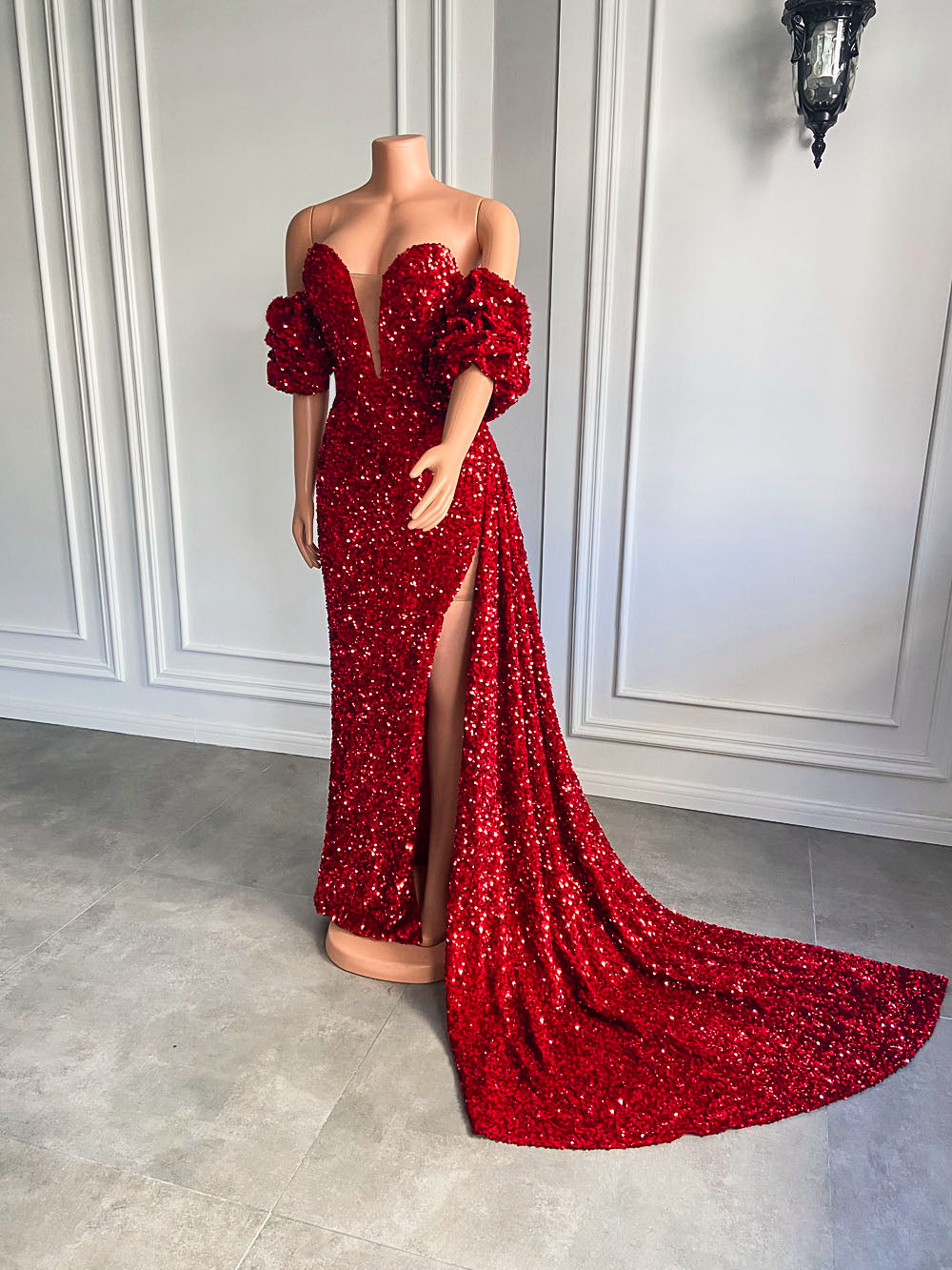 Long Red Prom Dresses 2022 Off The Shoulder High Slit Shield Secret